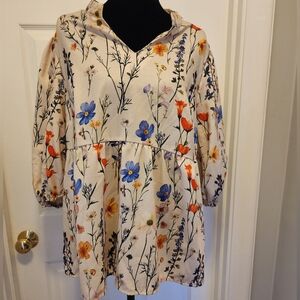 Floral Babydoll Tunic Top in Cream with Blue & Orange Blooms